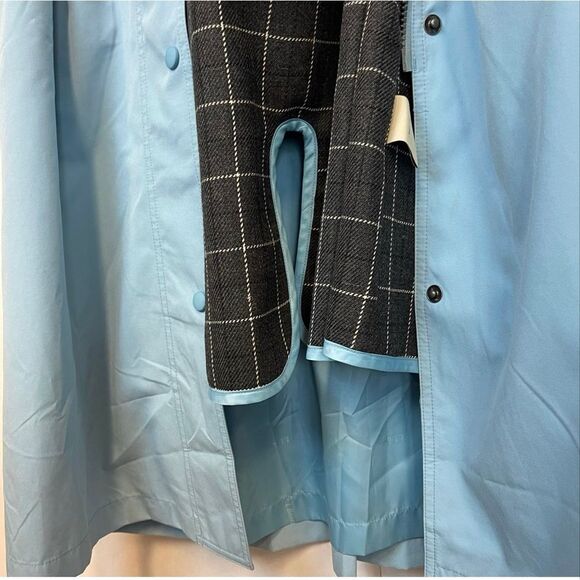 L.L. BEAN Women Trench Coat Large Petite Blue Hooded Long Rain Jacket Wool Lined - Picture 11 of 13